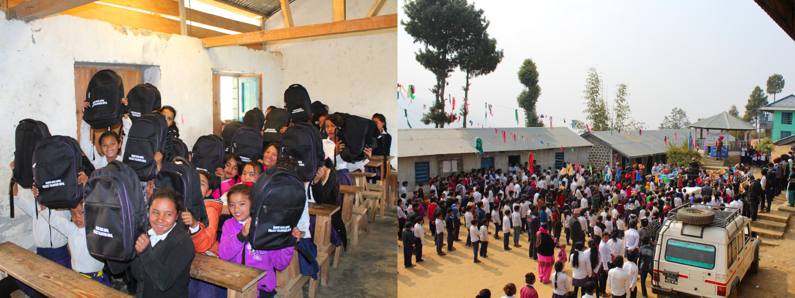 Schulkinder mit neuen Schultaschen und Schulgemeinschaft bei einem sozialen Projekt in Nepal