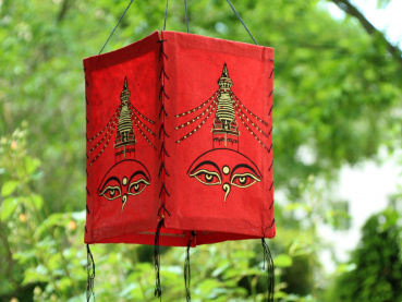 Lampenschirm aus Lokta-Papier; mit Buddha-Augen und Stupa | Rot