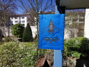 Lampenschirm aus Lokta-Papier; mit Buddha-Augen und Stupa | Blau