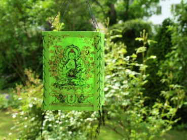 Lampenschirm aus Lokta-Papier; mit Buddha+Verzierung | grün