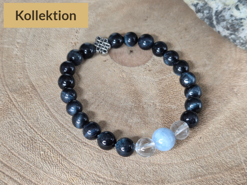 Falkenauge-Armband mit hellen Akzenten aus Aquamarin und Bergkristall