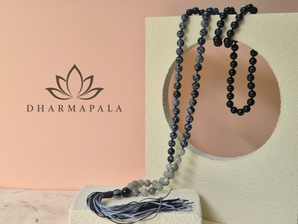Mala aus Obsidian, Labradorit und schwarzem Achat · Dharmapala