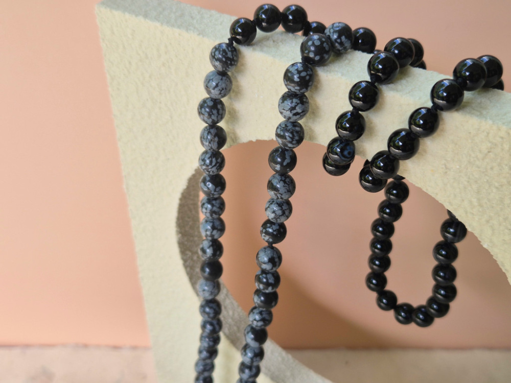 Preview: Mala aus Obsidian, Labradorit und schwarzem Achat · Dharmapala