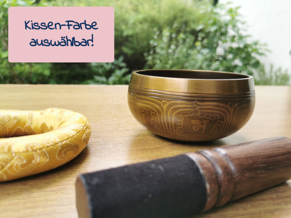 Preview: Klangschale mit Mantra Zeichen | ca. 340g / 10cm / gegossen / Kissen-Farbe wählbar