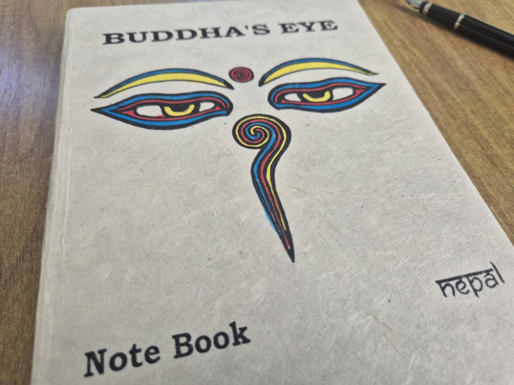 Preview: Handgefertigtes Lokta-Notizbuch mit Buddha-Augen aus Nepal
