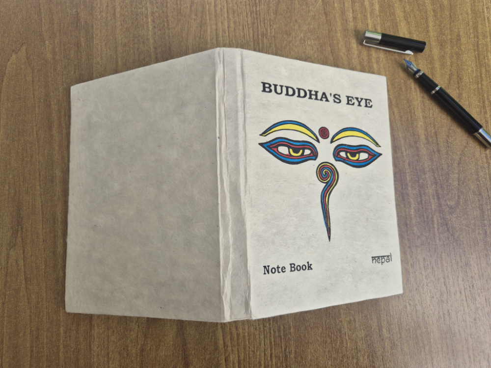 Preview: Handgefertigtes Lokta-Notizbuch mit Buddha-Augen aus Nepal