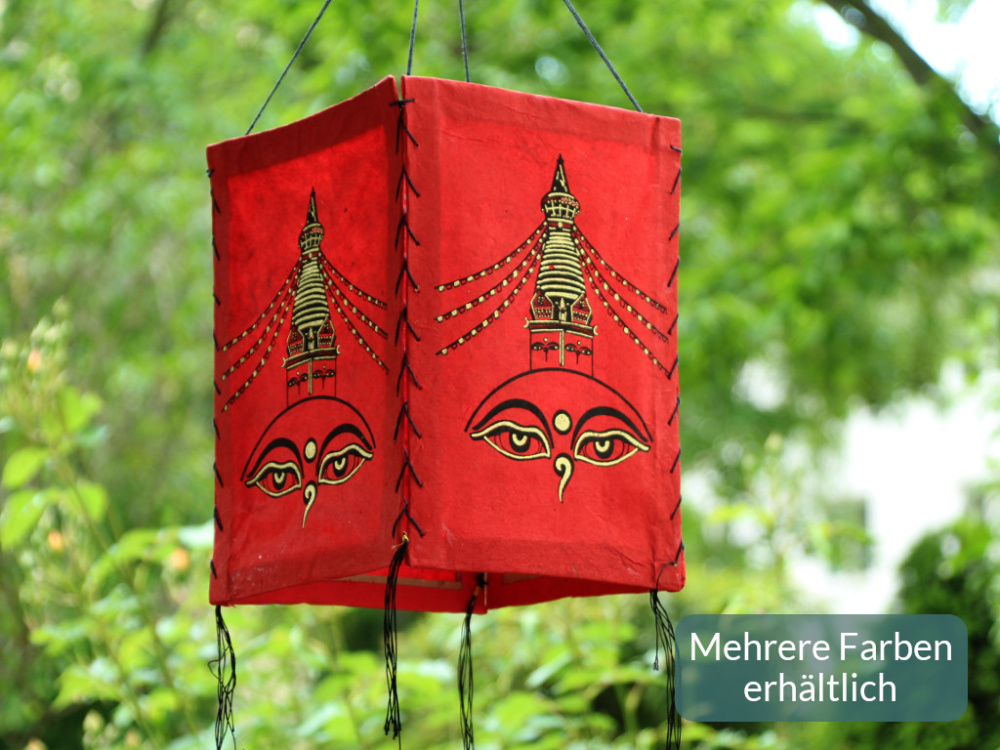 Preview: Handgefertigter Lokta Lampenschirm mit Buddha-Augen und Stupa aus Nepal