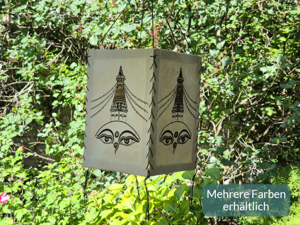 Handgefertigter Lokta Lampenschirm mit Buddha-Augen und Stupa aus Nepal