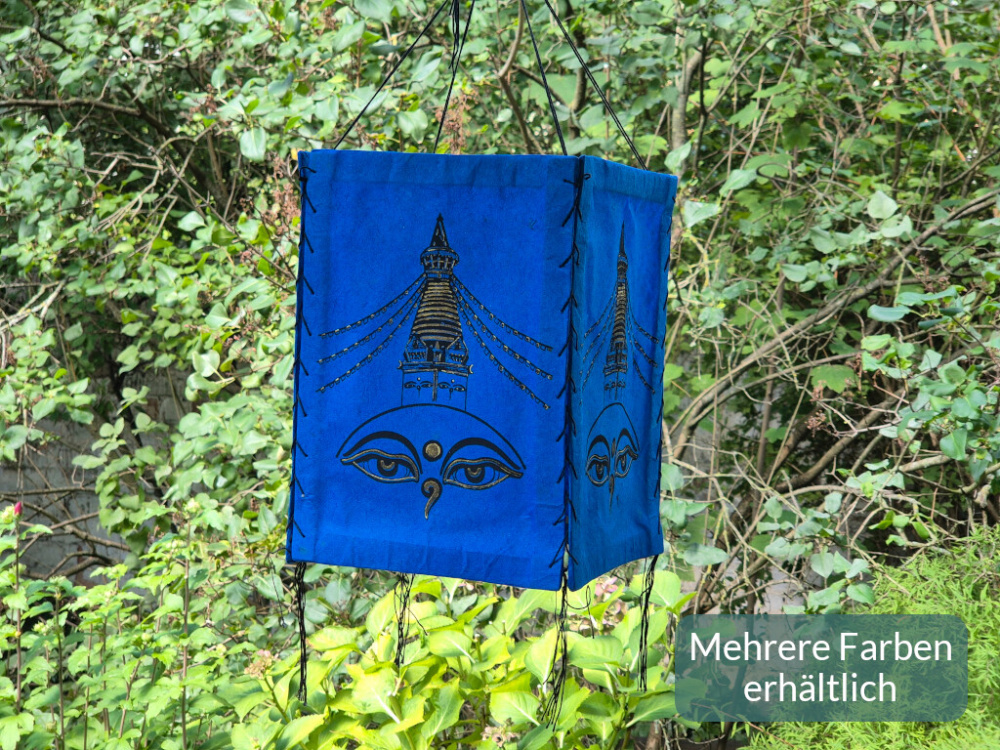 Handgefertigter Lokta Lampenschirm mit Buddha-Augen und Stupa aus Nepal