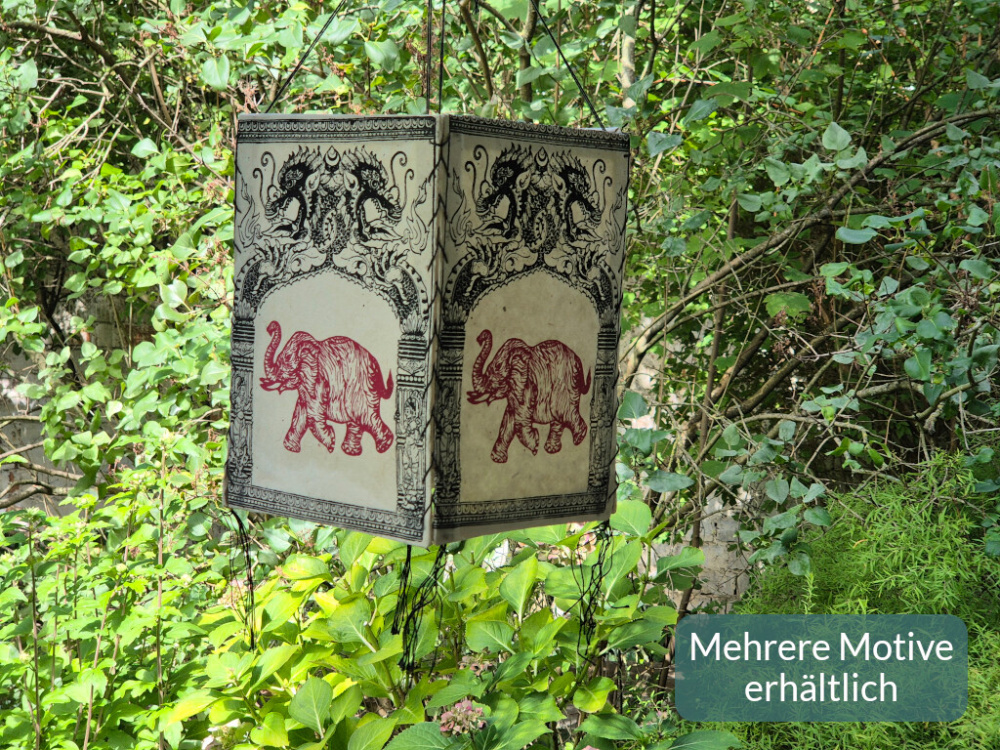 Handgefertigter Lokta Lampenschirm mit Drachen und traditionellen Motiven aus Nepal