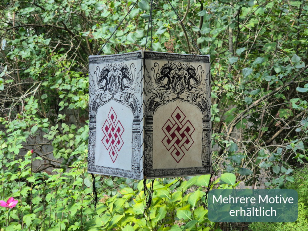 Handgefertigter Lokta Lampenschirm mit Drachen und traditionellen Motiven aus Nepal