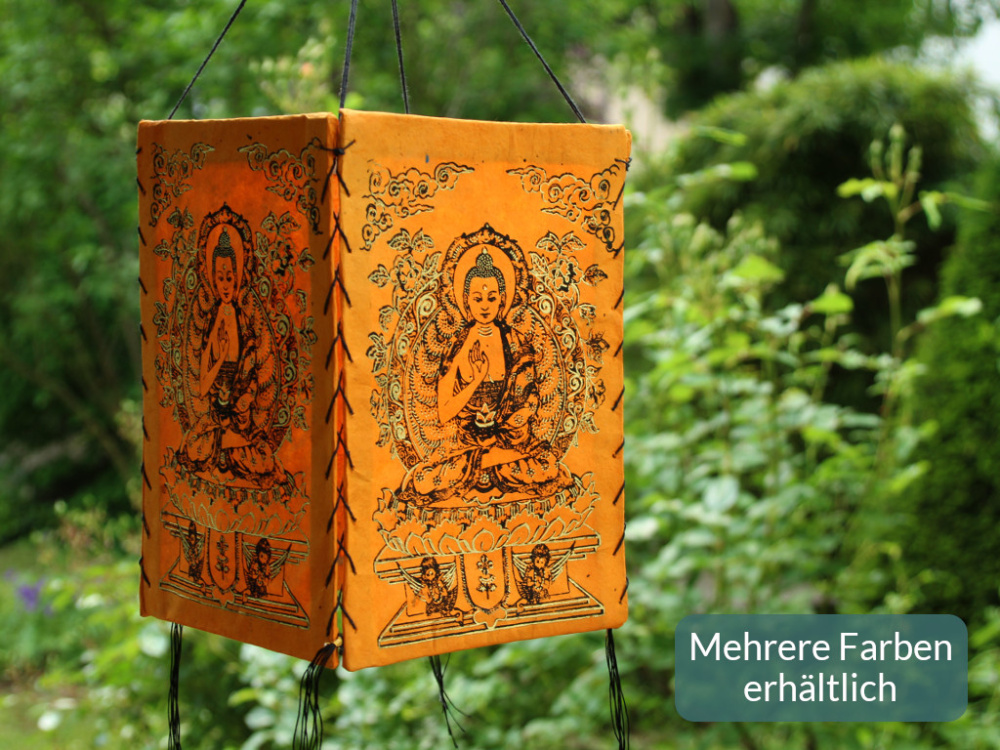 Preview: Handgefertigter Lokta Lampenschirm mit verziertem Buddha-Motiv aus Nepal