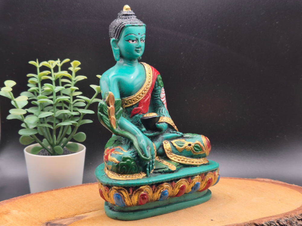 Preview: Handbemalte Medizin Buddha Statue aus Resin aus Nepal mit Heilpflanze und Almosenschale