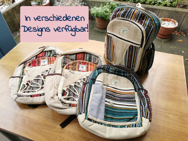 Hanf-Rucksack | Nepal-Style, 100% natürlich, handgewebte Hippie Tasche | Design wählbar