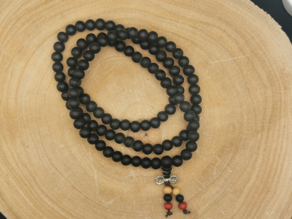 Holz Mala-Kette mit Anhänger "Dorje" | 108+1 Perlen, mattschwarz