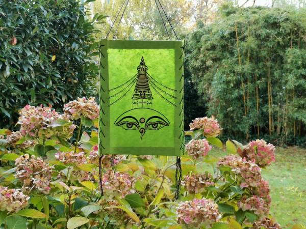 Lampenschirm aus Lokta-Papier; mit Buddha-Augen und Stupa | Grün