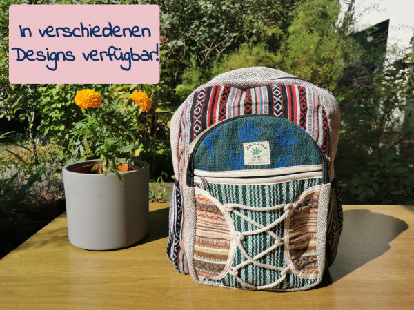 Hanf-Rucksack | Nepal-Style, 100% natürlich, handgewebte Hippie Tasche | Design wählbar