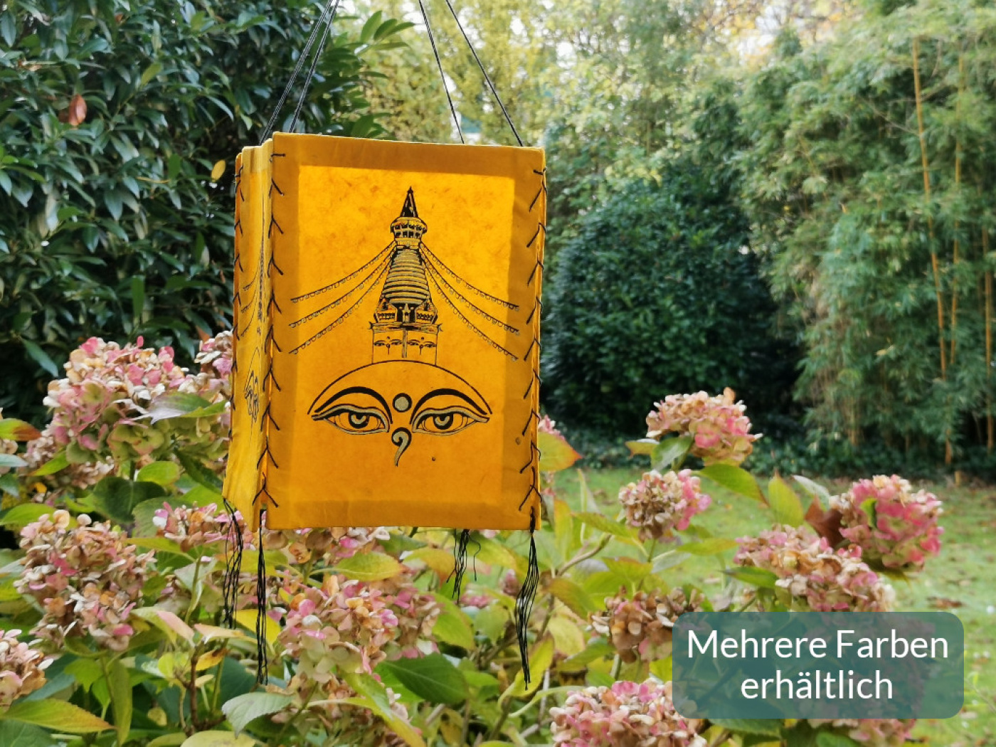 Handgefertigter Lokta Lampenschirm mit Buddha-Augen und Stupa aus Nepal