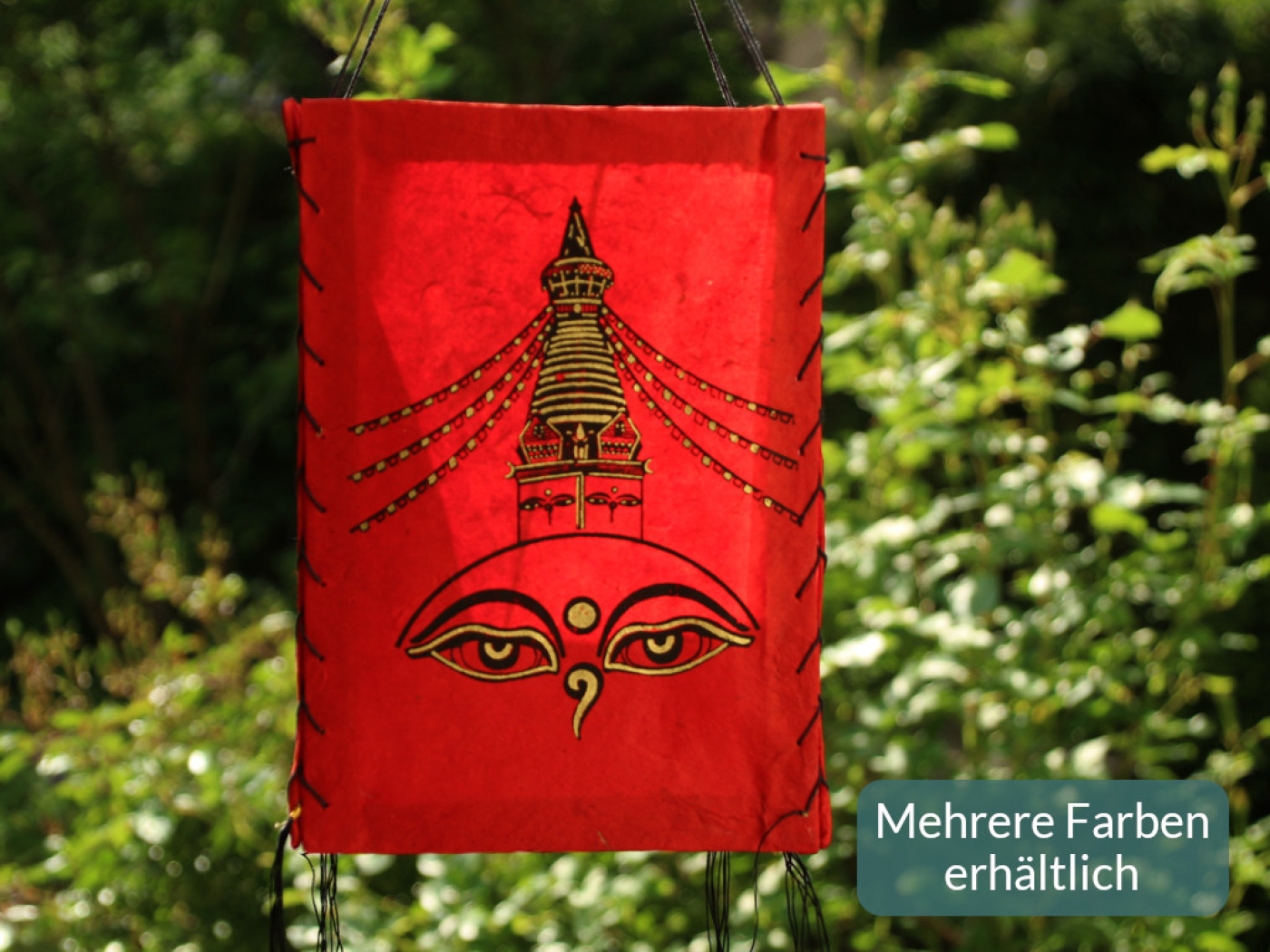 Handgefertigter Lokta Lampenschirm mit Buddha-Augen und Stupa aus Nepal