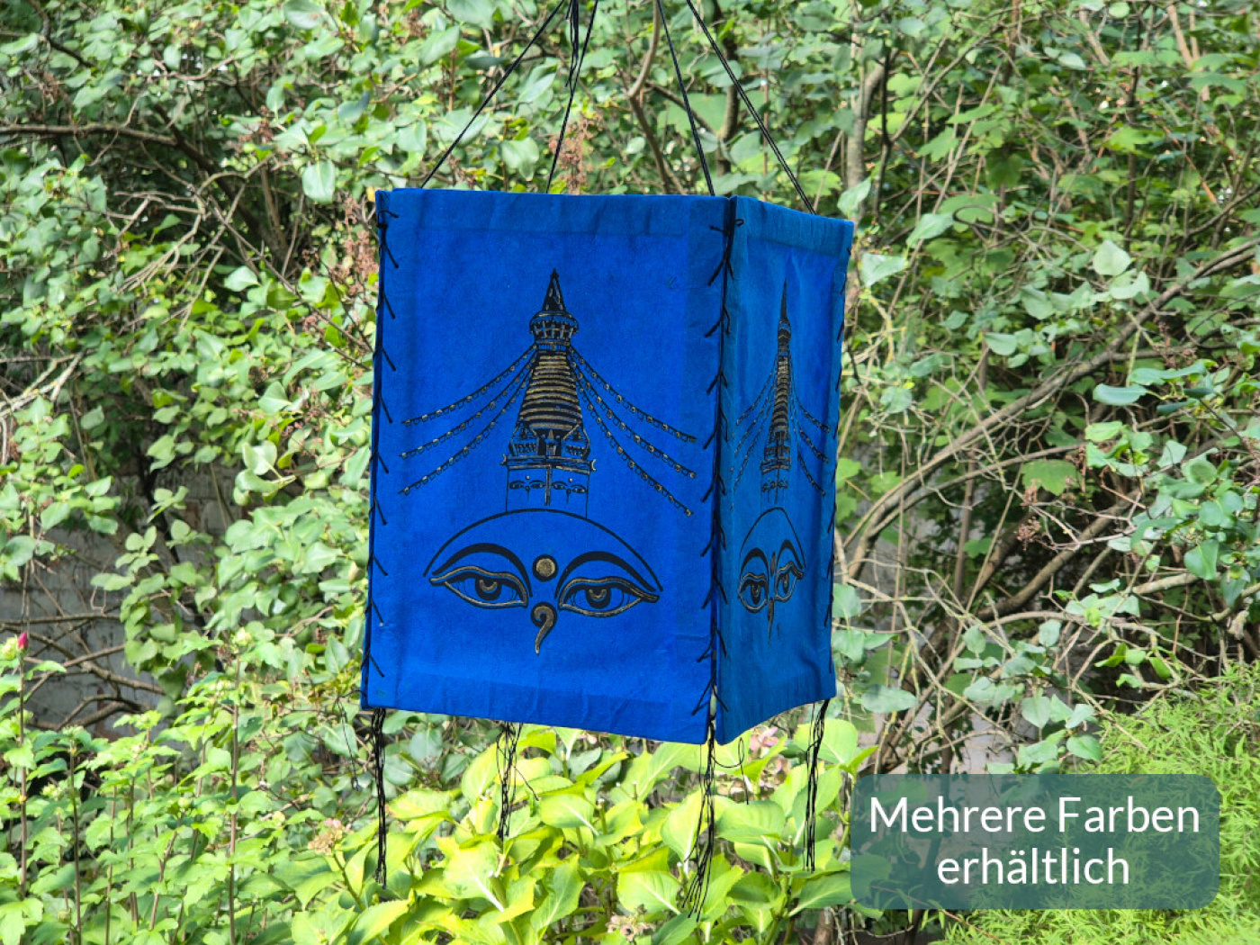 Handgefertigter Lokta Lampenschirm mit Buddha-Augen und Stupa aus Nepal