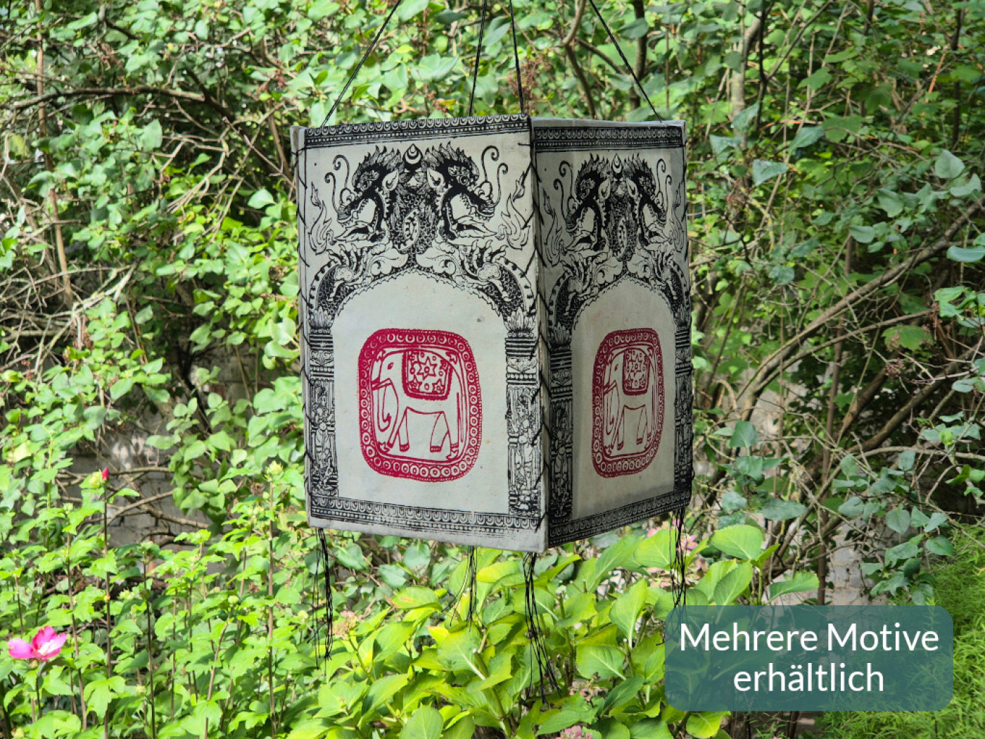 Handgefertigter Lokta Lampenschirm mit Drachen und traditionellen Motiven aus Nepal