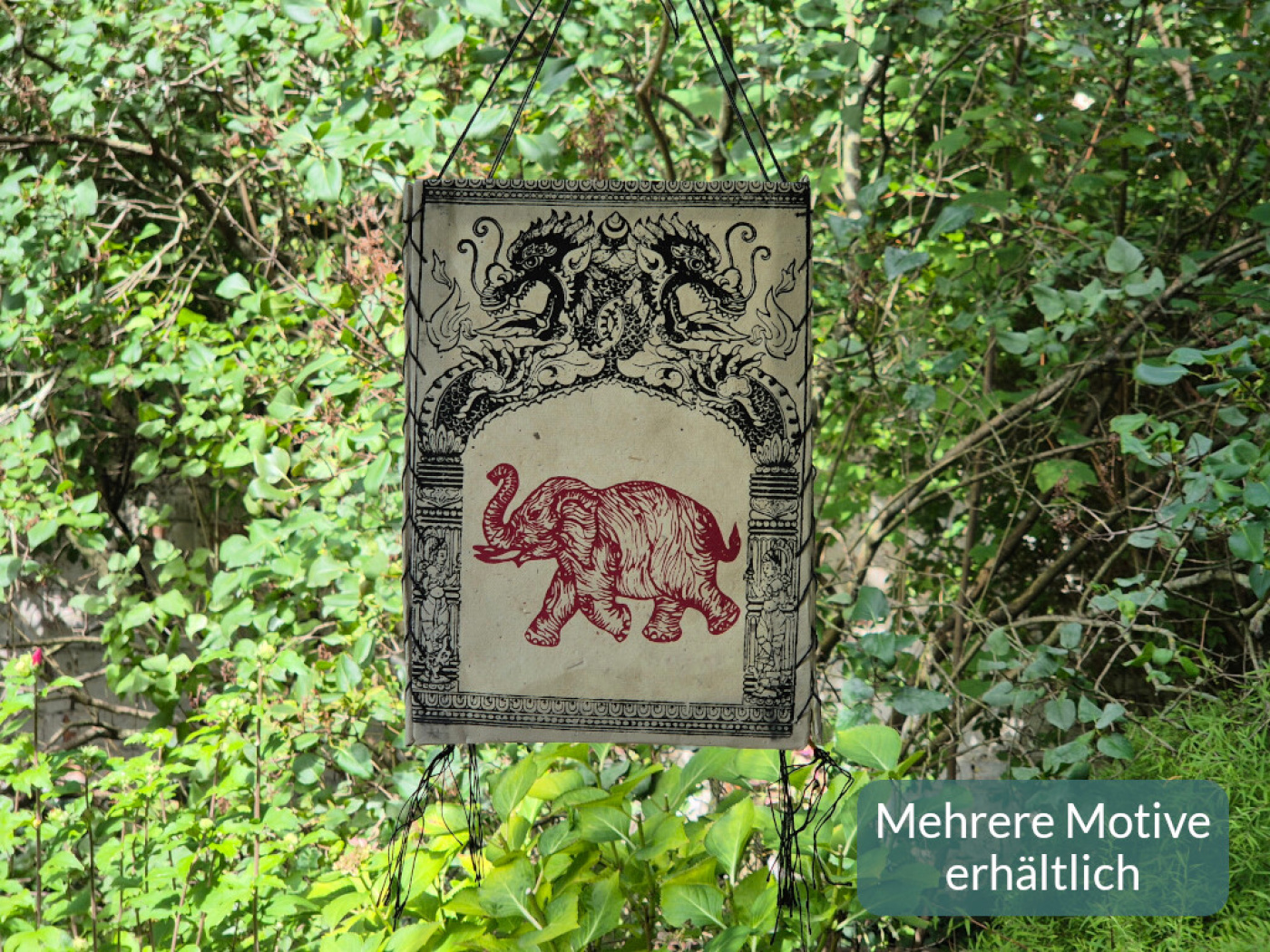 Handgefertigter Lokta Lampenschirm mit Drachen und traditionellen Motiven aus Nepal