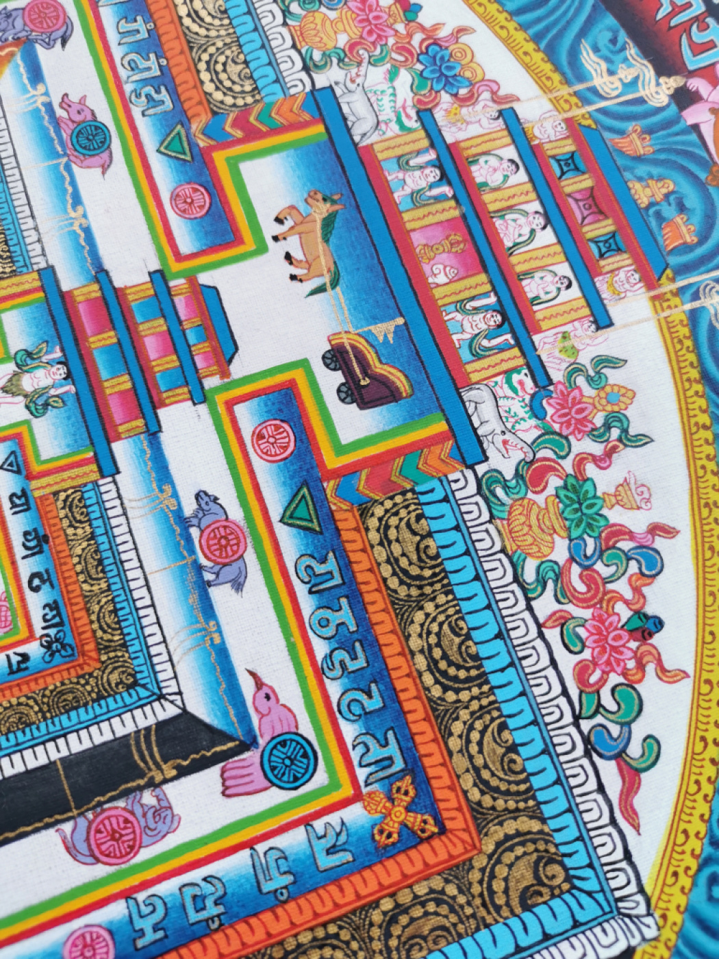 Handgemaltes Kalachakra-Mandala von Urgen Lama aus Kathmandu, mit echtem Gold veredelt.